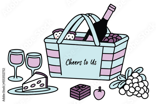 Gourmet hamper with wine bottle and festive elements illustration