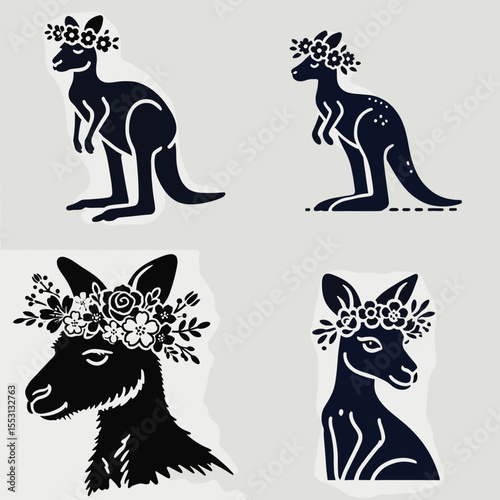 Kangaroo. With Flower Crown Cartoon Clipart Cowboy Silhouette Line Art Vector Illustration. Marsupial jumping creature australian wildlife wild animal outback fauna nature.