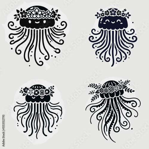 Jellyfish. With Flower Crown Cartoon Clipart Cowboy Silhouette Line Art Vector Illustration. Sea creature aquatic life form ocean animal marine fauna oceanography nature.