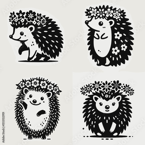 Hedgehog. With Flower Crown Cartoon Clipart Cowboy Silhouette Line Art Vector Illustration. Prickly garden critter caring habitat behavior diet and defense system.