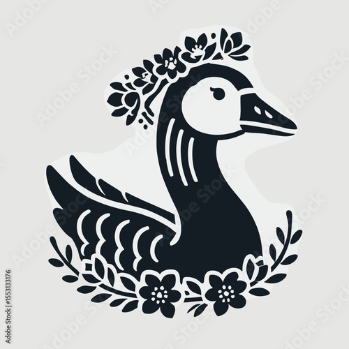 Goose. With Flower Crown Cartoon Clipart Cowboy Silhouette Line Art Vector Illustration. Water fowl large bird domestic animal poultry rural life theme farm concept.