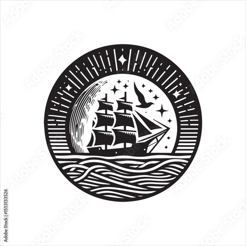 A majestic sailing ship voyages across a moonlit sea under a starry sky, encircled by stylized waves and sunburst.