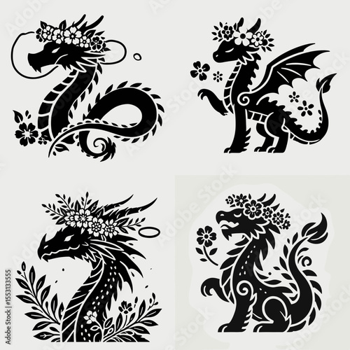 Dragon. With Flower Crown Cartoon Clipart Cowboy Silhouette Line Art Vector Illustration. Mythical reptile creature explore legends of the fierce winged beast fable.