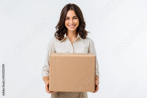 Happy business woman holding cardboard delivery box with e-commerce concept on white studio background