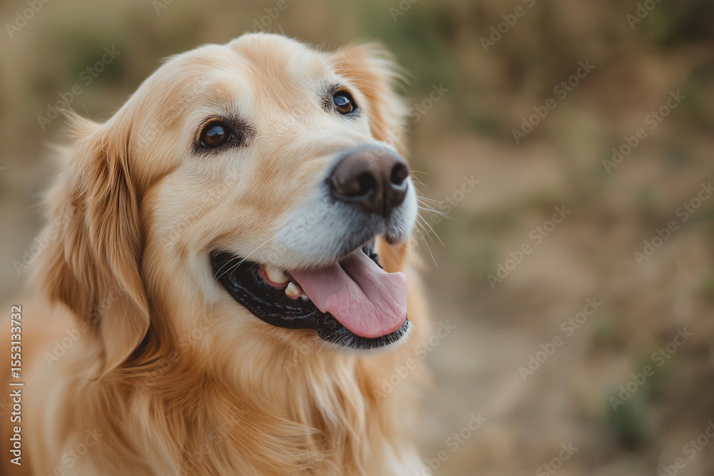 Happy golden retriever with tongue out outdoors Happy golden retriever with tongue out outdoors