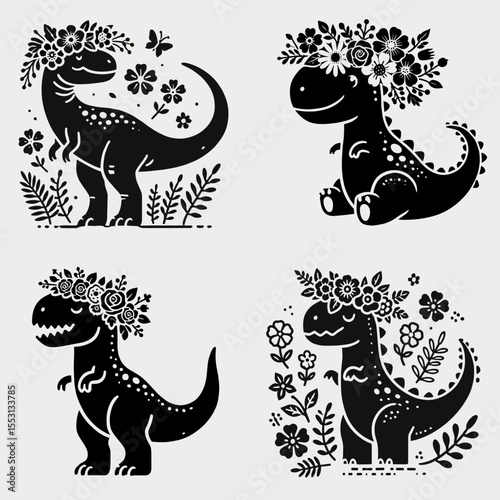 Dinosaur. With Flower Crown Cartoon Clipart Cowboy Silhouette Line Art Vector Illustration. Prehistoric reptile a giant beast of ancient times extinct wildlife creature.