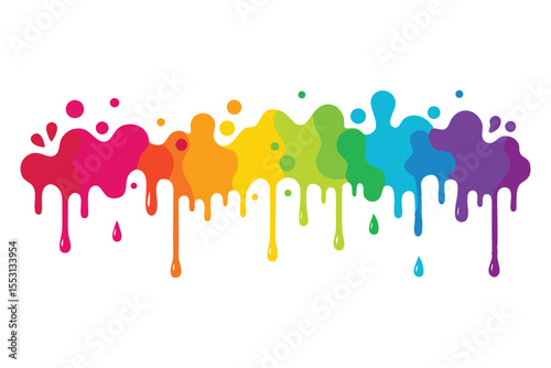 Colorful paint drips and spills create vibrant rainbow hues on a transparent background