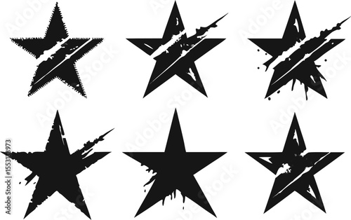 Six black star shapes show irregular ink splatter patterns against a white background
