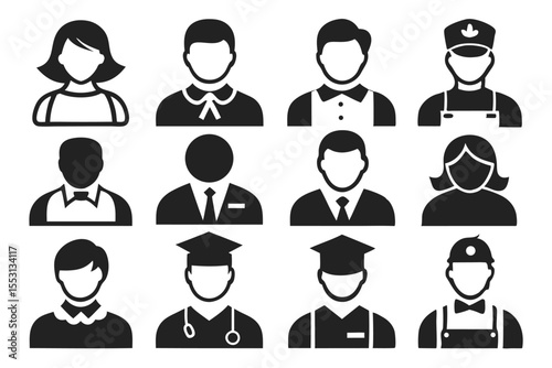 Diverse black occupation avatar set shows men and women in various professional roles against transparency