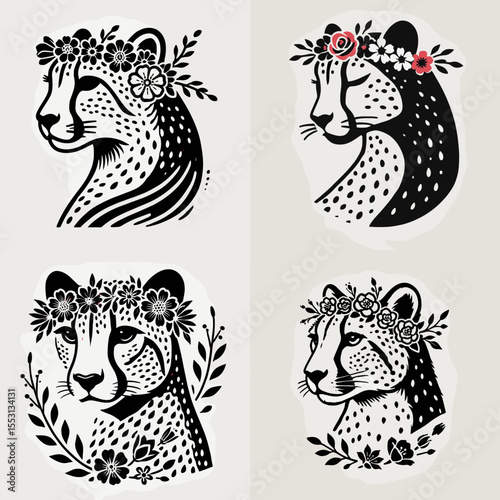Cheetah. With Flower Crown Cartoon Clipart Cowboy Silhouette Line Art Vector Illustration. Fastest feline predator a swift wild animal known for speed and agility.