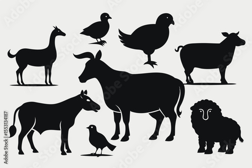 Silhouetted farm animal forms create a monochrome wildlife collection with transparent backgrounds