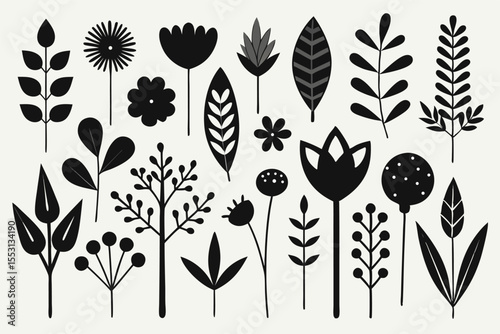 Various flora displayed include flowers, branches and leaves shown in black and grey tones