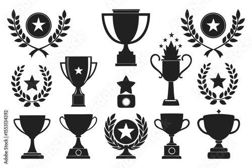 Collection of solid black champion awards and trophy icons celebrates victory with stars and laurels