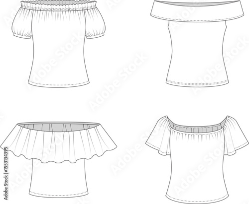 Editable technical flats of four off-the-shoulder tops with varied necklines, flared sleeves, elastic, flounce, and fold-over styles. For tech-pack, fashion design, and production.