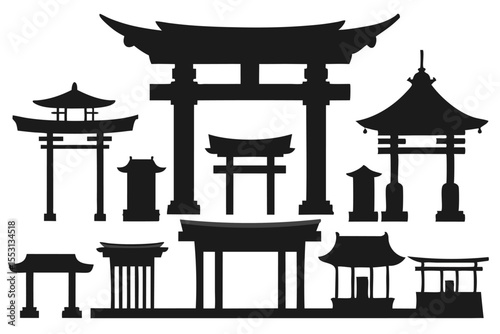 Different black silhouette pagoda architectures showcase unique historical Asian building styles on a transparent background