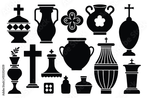 Several decorative urns and vases are arranged together in a black silhouette presentation