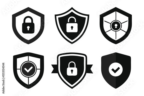 Six security shield icons display locks, checkmarks, and protection visuals, all transparent