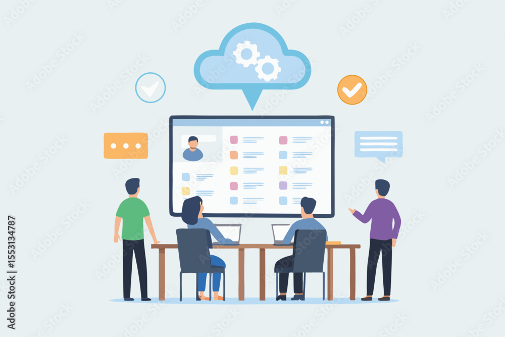Obraz premium Team Collaboration on Cloud Platform Software Development and Data Management Vector Illustration