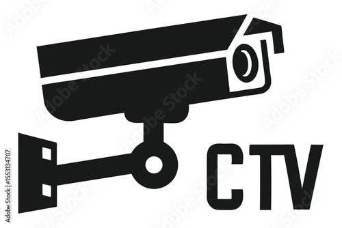 Black CCTV camera symbol is shown with simplified mount and letters on white background