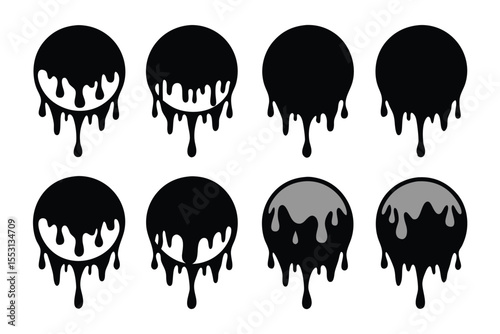 Eight spheres with dripping black paint create an abstract set against a white background