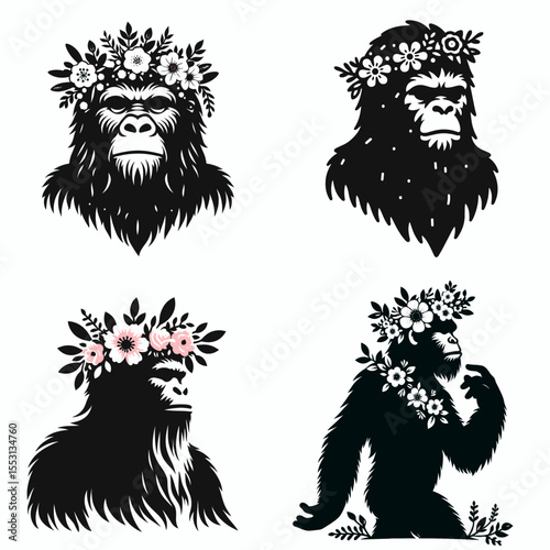 Bigfoot. With Flower Crown Cartoon Clipart Cowboy Silhouette Line Art Vector Illustration. Hairy hominid woodland cryptid primal nature mystery folklore creature lore.