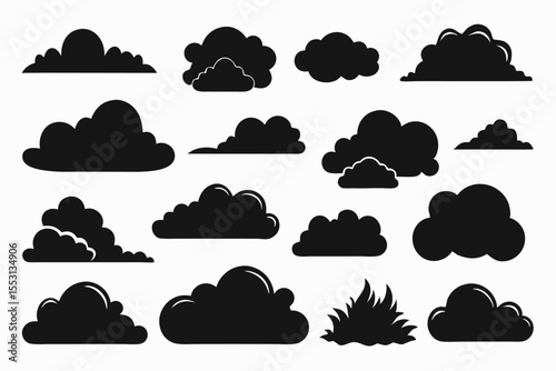 Various black cloud formations are featured above a white background in this seamless vector