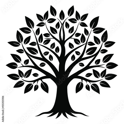 Silhouette tree shows branches and leaves extending from its trunk and roots against transparency