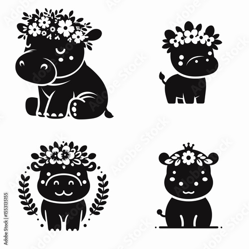baby hippo. With Flower Crown Cartoon Clipart Cowboy Silhouette Line Art Vector Illustration. Infant river horse cub a young small pachyderm offspring for viewing.