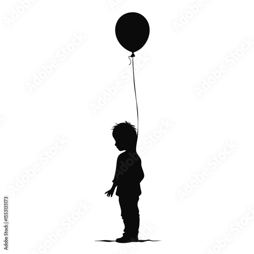 Little boy silhouette stands sadly holding a single balloon in the air with transparent background