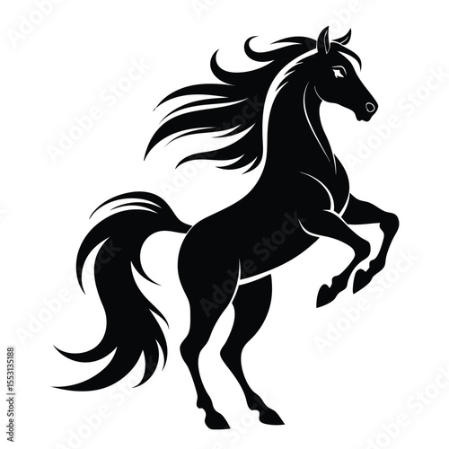 Majestic black horse silhouette is rearing up with flowing mane against white backdrop