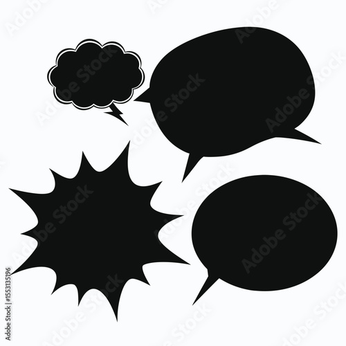 Four isolated black silhouette comic speech bubbles provide unique shapes on a white background