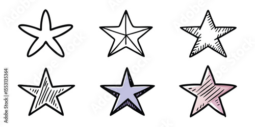 Six handdrawn stars offer varied styles, colors, and linear designs on a transparent background