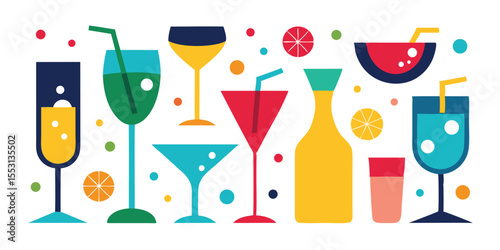 Various colorful cocktail glasses and bottles are placed decoratively on a bright, white background