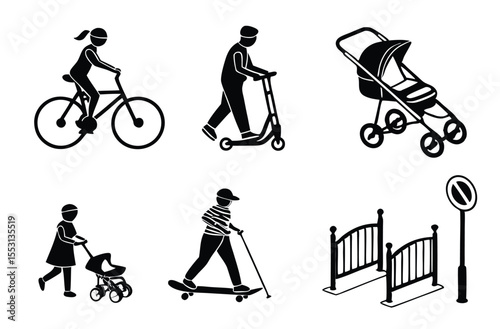 Urban Transportation and Pedestrian Icons Set – Solid Black Mobility Symbols Collection