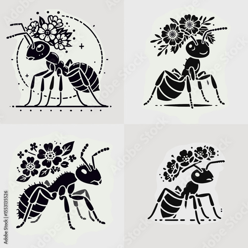 Ant. With Flower Crown Cartoon Clipart Cowboy Silhouette Line Art Vector Illustration. Little crawler worker insect tiny creature for ecology earth bug myrmecology.