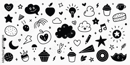 Black doodle art reveals a collection of quirky icons on transparent background beautifully
