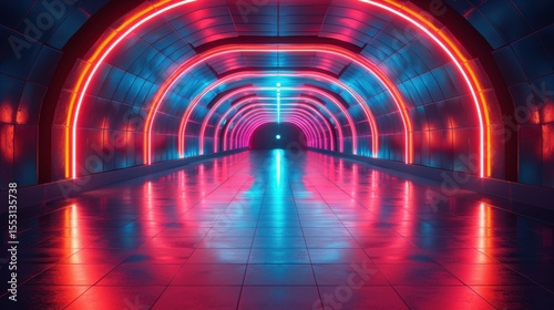 A striking futuristic tunnel illuminated by vibrant neon lights creates a surreal atmosphere, emphasizing modernity and artistic expression through its bold colors and design.
