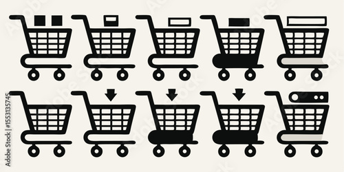 Ten simple black shopping carts showcase various symbols and downward arrows across a light background