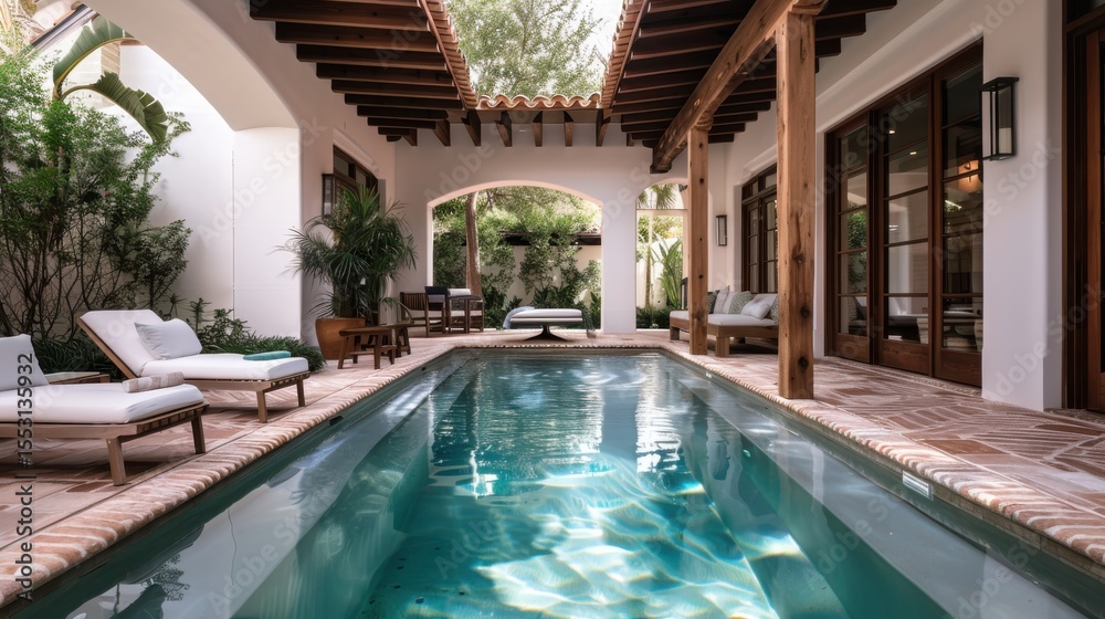 Fototapeta premium A stunning poolside area features a refreshing swimming pool bathed in natural light, surrounded by lush greenery, creating a perfect oasis for relaxation and leisure.