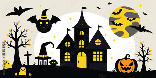 Spooky black castle and bats against a grey moon creates a Halloween night scene