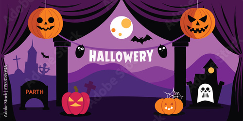Spooky Halloween displays pumpkins, graves, bats, and Hallowery garland against purple curtains background