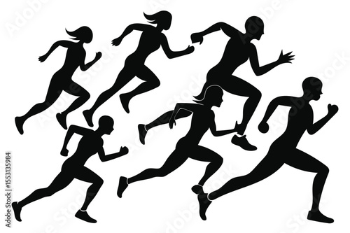 Black silhouettes of athletes running at full speed represent competition and physical activity on white