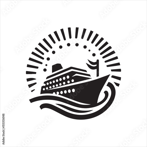 Silhouette of a cruise ship on waves, encircled by sunburst design.