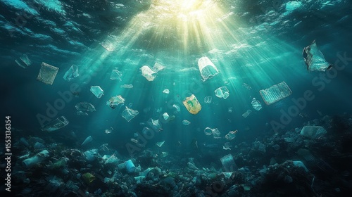 Wallpaper Mural Underwater scene showing sunlight piercing through water revealing floating plastic waste and pollution covering the ocean floor, highlighting environmental degradation Torontodigital.ca