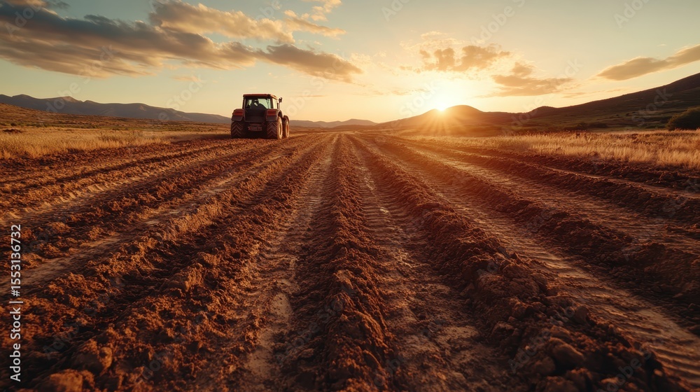 Obraz premium A stunning view of a plowed field at sunset, showcasing a tractor silhouetted against the vibrant orange and yellow hues of the sky, evoking a sense of peace and agriculture.