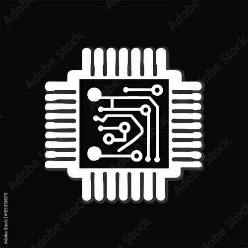 Minimal Line Art Microchip Icon on Black Background – High-Tech Stock Illustration