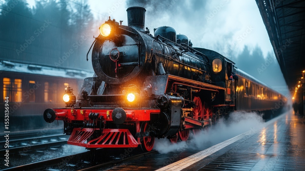 Obraz premium A vintage steam train puffs smoke at a rain-soaked station, capturing a nostalgic moment in time, evoking feelings of adventure, history, and the charm of traditional travel.