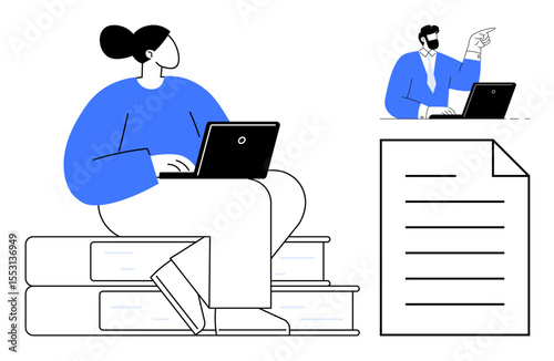 Person working on a laptop over stacked books, remote colleague guiding through laptop video call, document as task focus. Ideal for teamwork, remote work, study, guidance, communication, education
