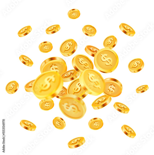 3d unlimited flying golden coins with dollar sign, isolated on white background. Coin background in 3d vector. Vector illustration