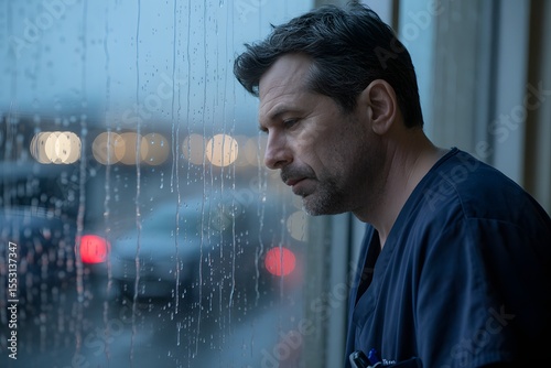 Doctor looking out a rainy window with blurred city lights in the background